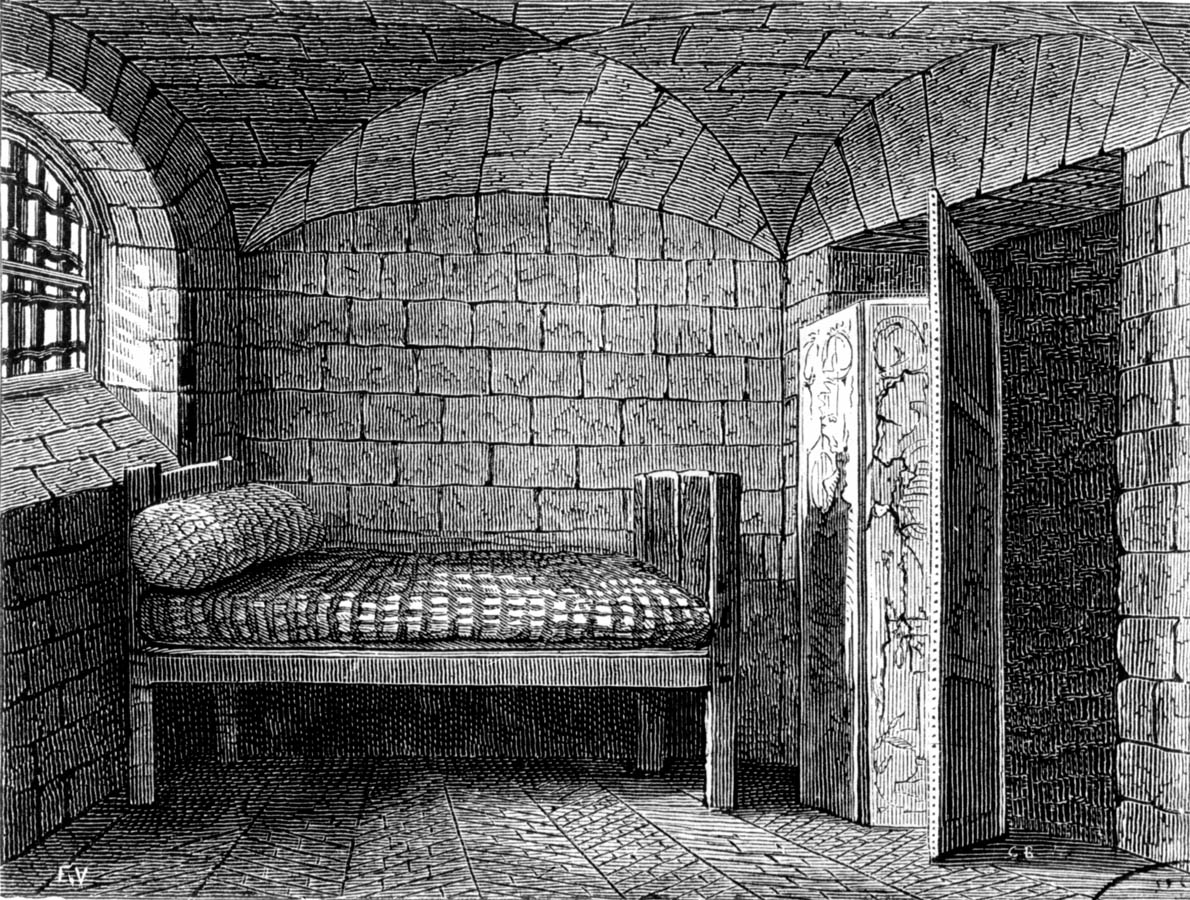 Cachot de Marie-Antoinette d'Autriche (1755-1793), reine de France, à la Conciergerie en 1793. Gravure, B.N.F.