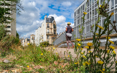 Une personne court sur la petite ceinture du 15e arrondissement, située en hauteur.