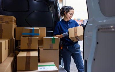 Une livreuse sortant des cartons de son camion.
