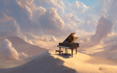 Un piano à queue isolé sur une mer de nuages dorés, symbolisant l’univers onirique du concert "Un air de Hans Zimmer".